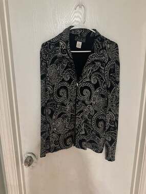 Alex Evenings Black and Silver Metallic Paisley Zip Up Jacket